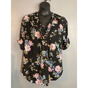 J for  justify black floral semi sheer lace up blouse